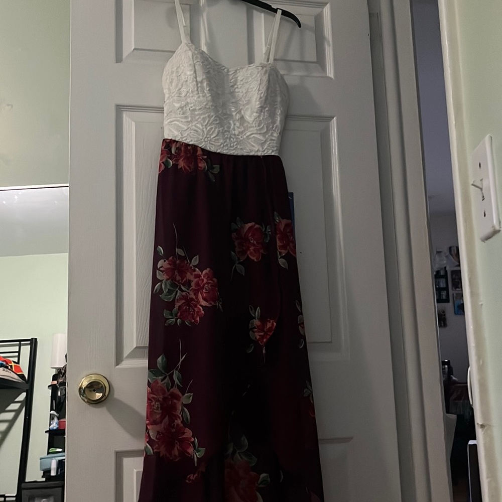 White and floral high low maxi dress.